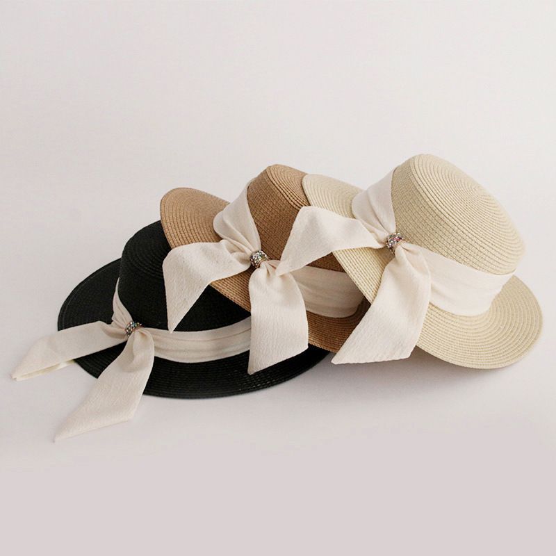 Fransk strå dame solskjerm sommergressstrikket flat kant topp for ferie, strand solkrem solhatt_voghion.com