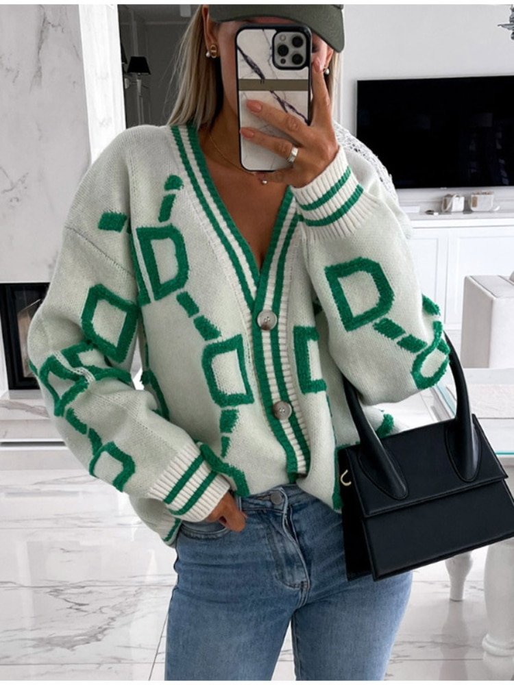 Aro Lora, cárdigan de punto para mujer, suéter con cuello en V, abrigo, cárdigans Vintage con botones a rayas rosas, informal suelto de invierno 2022_voghion.com