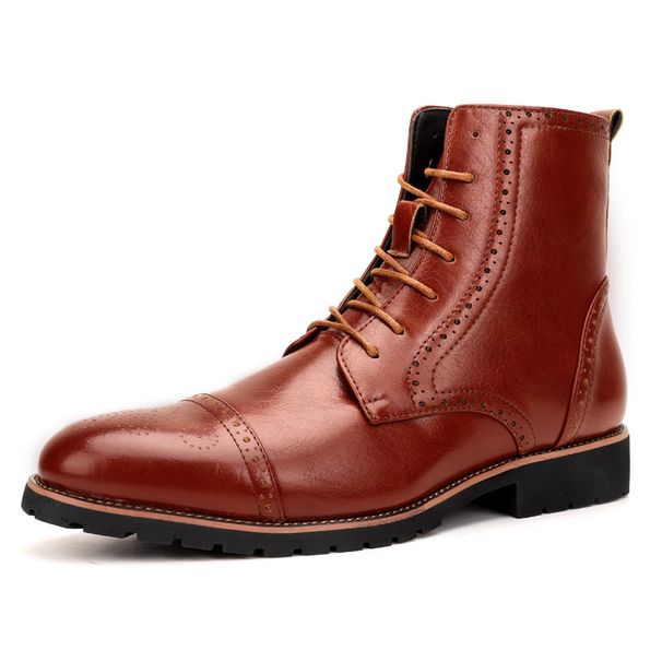 Unbeatable Quality Men's Shoes, Block High Top Lace Up Martin Boots, Carved Lacquer Surface, Pointed Toe, Oversized Autumn And Winter_voghion.com