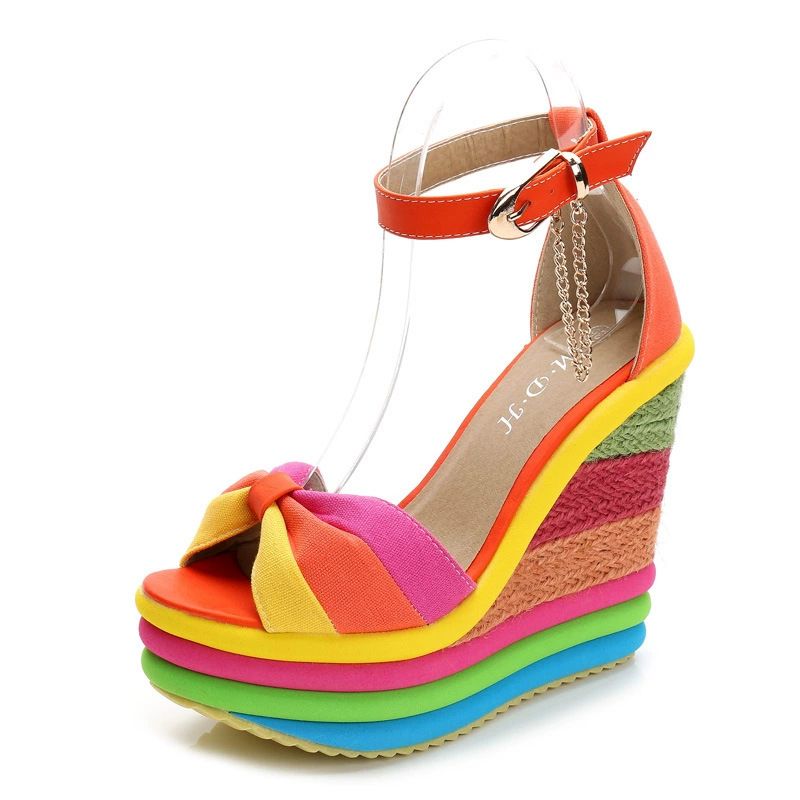 Scarpe da donna estive, nuovo stile, sandali con zeppa e tacco super alto, in paglia, da sposa, con bocca di pesce, arcobaleno, taglia 43, grandi, da donna._voghion.com