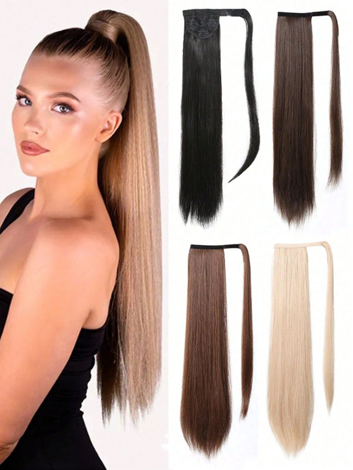 Clip In Ponytail Wrap Around Long Straight Pony Tail 26 Inch Dark Brown Hair Extension Synthetic Hairpiece_voghion.com