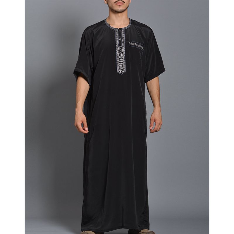 Vêtements pour hommes Robe musulmane Robe arabe Manches mi-longues Broderie Noir_voghion.com