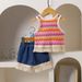 Mamma e bambini, top senza maniche a righe con nappe e pantaloncini in denim, set da due pezzi carino_voghion.com