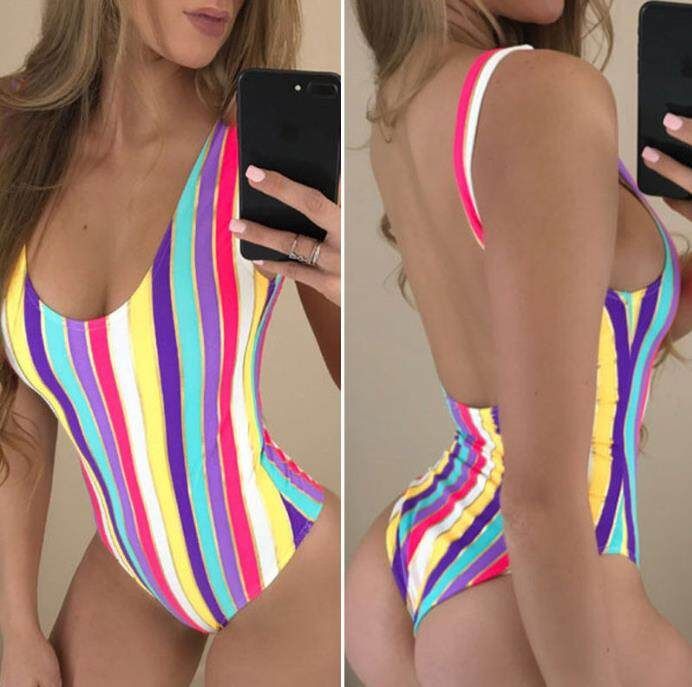 Happybuyner Costume da bagno intero da donna a righe colorate Costume da bagno bikini non imbottito con fasciatura da donna Costume da bagno bikini a V profondo_voghion.com