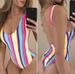 Happybuyner Costume da bagno intero da donna a righe colorate Costume da bagno bikini non imbottito con fasciatura da donna Costume da bagno bikini a V profondo_voghion.com