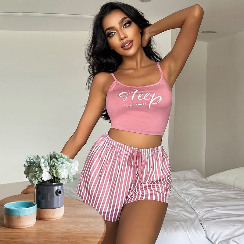 Damen Nachtwäsche Kordelzug Shorts Anzug Buchstaben Streifen Druck Damen Home Wear_voghion.com