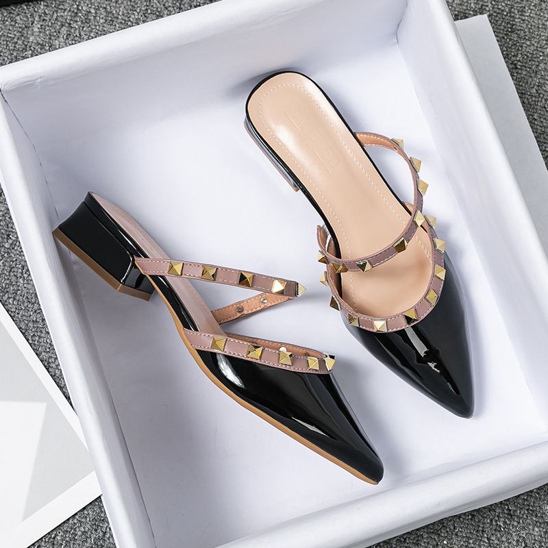Warren Summer Mid Heel Pointed Half Slippers voor luie vrouwen, hoofdband, bovenkleding met klinknagel, lakleer, koel en_voghion.com