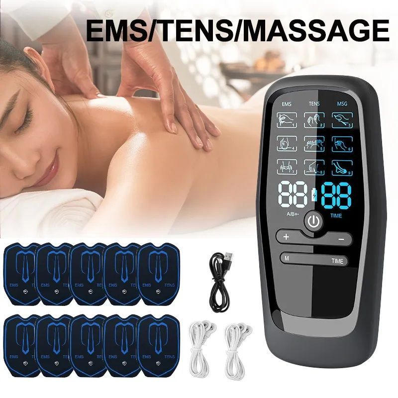 PASTSKY 9 Modes Therapy TENS Massager EMS Muscle Stimulator Acupuncture Rechargable Dual Output Electric Pulse Low_voghion.com