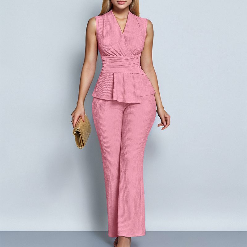 Women's Clothing Casual Suits Solid Color V Neck Sleeveless Top Wide Leg Trousers Suit_voghion.com