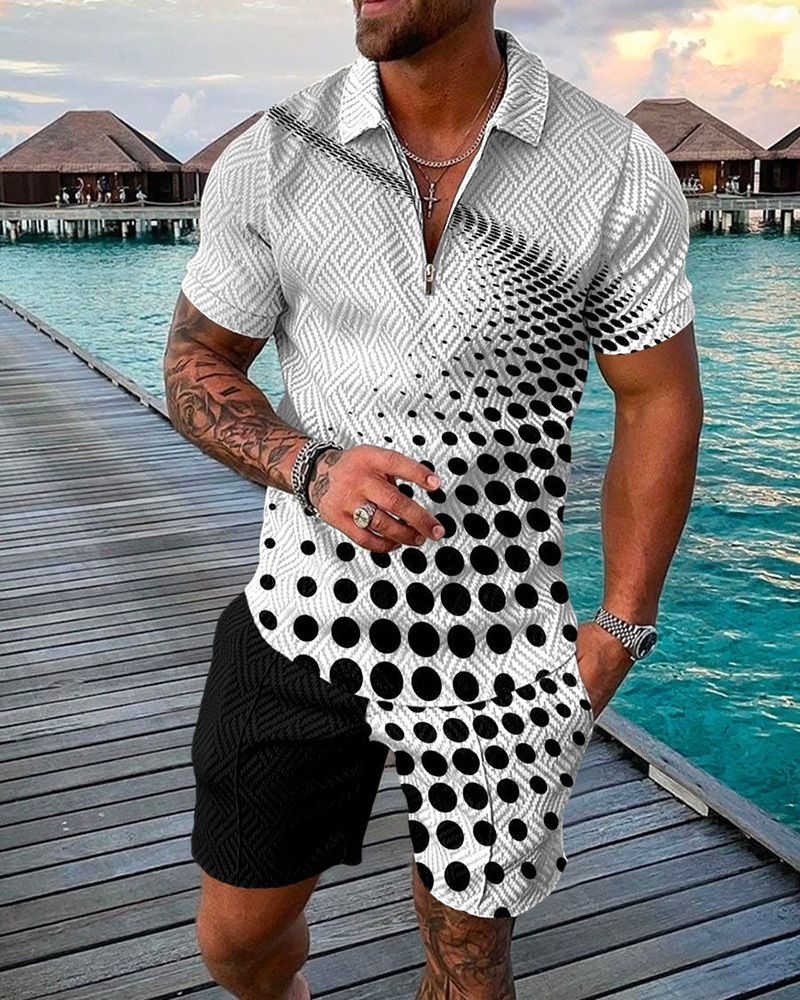 Herrenbekleidung neuer Stil Herrenmode Freizeitanzug 3D-gedruckter Reißverschluss Kurzarm Poloshirt Shorts 2-teiliges Set_voghion.com