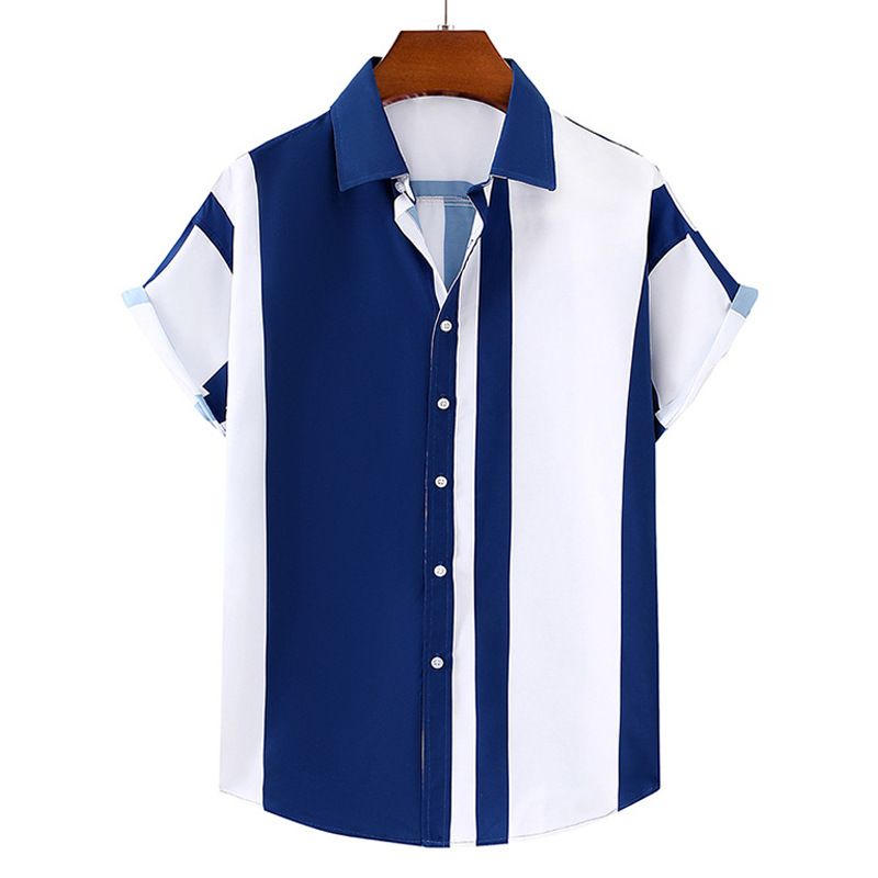 Men's Clothing men's shirt 2024 summer new contrast striped short-sleeved lapel fitted youth shirt_voghion.com