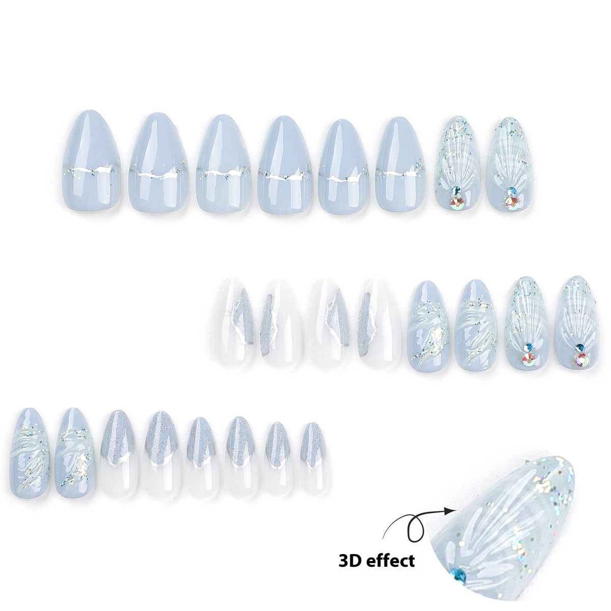 Wearing Nail Plates Wholesale of Finished Products Cold Color Series 3D Water Droplet Shell Nail Art Almond Shaped False Nails_voghion.com