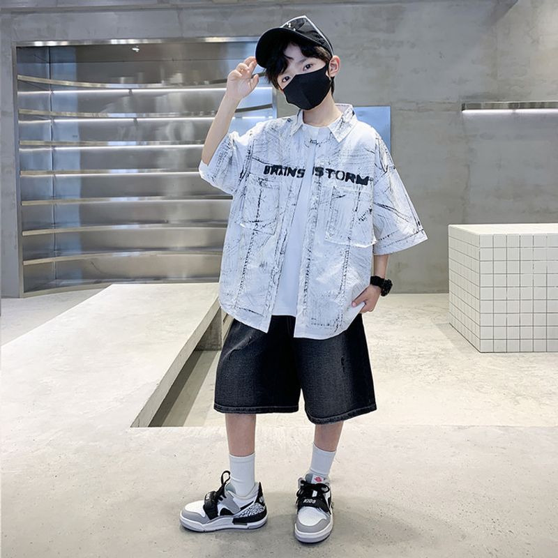 Boys' Graphic Print Short Sleeve Shirt – Soft Polyester, Black & White Casual Tee For Teens (120-170cm)"​_voghion.com