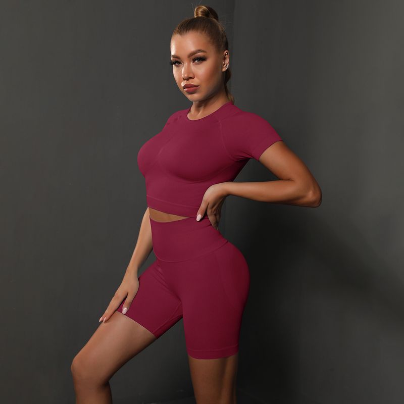 Kadınlar için dikişsiz örme düz renk yoga seti, spor koşu fitness kıyafeti, kısa kollu şort, iki parçalı set_voghion.com