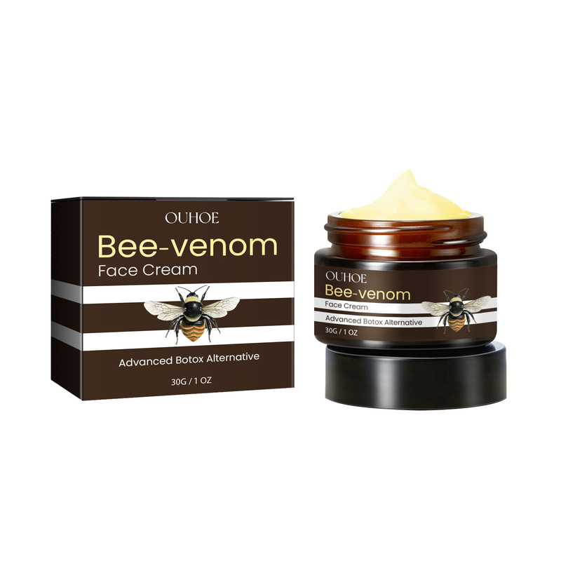 Zpevňující přípravek OUHOE Bee Venom zmírňuje jemné vrásky na krku a oční okolí, zpevňuje pleť, hydratuje a působí proti stárnutí._voghion.com