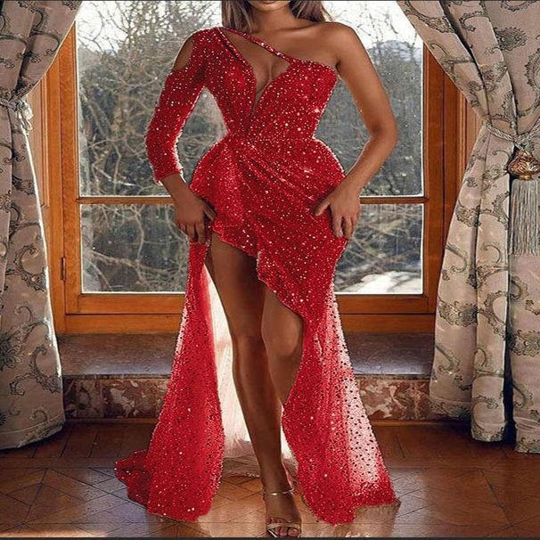 Damenbekleidung Damen verträumtes Partykleid in Partyqualität mit sexy Schlitz und langen Ärmeln und Pailletten für Bankettabend_voghion.com