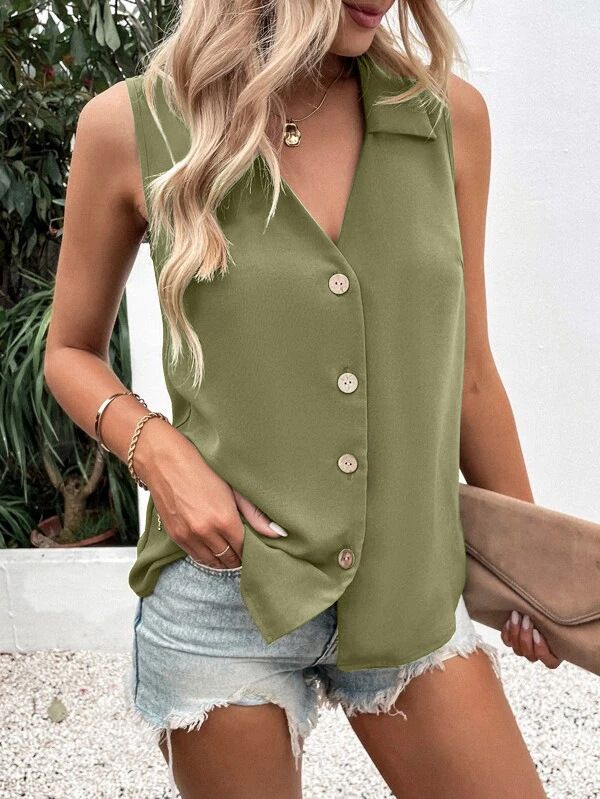 Camicia estiva da donna in chiffon con scollo a V, tinta unita, senza maniche, con bottoni a torsione_voghion.com