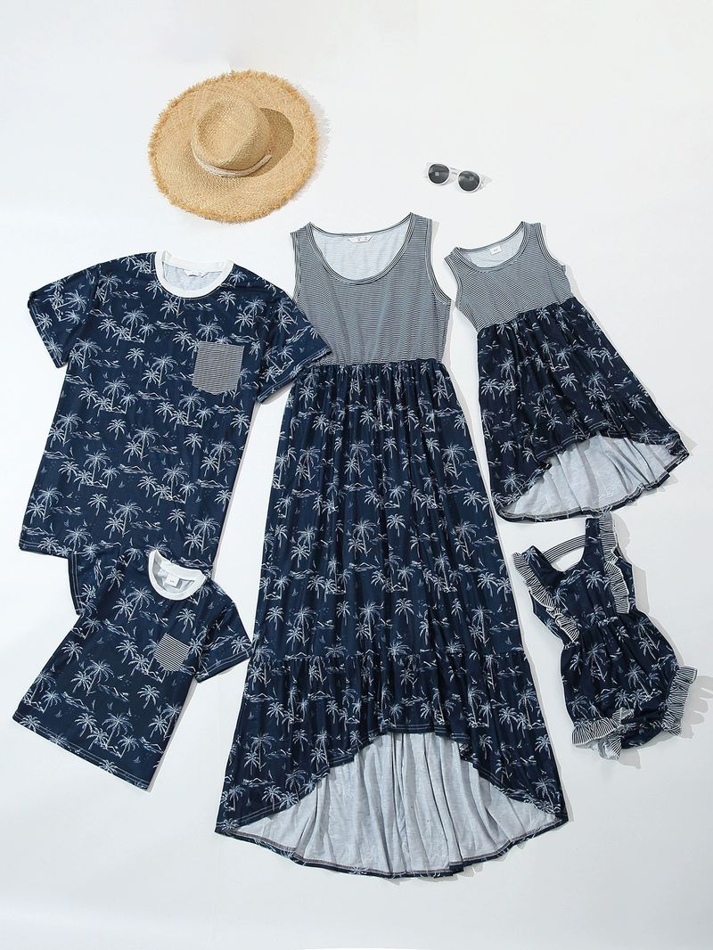 Mother & Kids 2024 Summer European and American New Striped Coconut Tree Printed T-shirt Dress Parent-child Outfit Spot Family Outfit_voghion.com