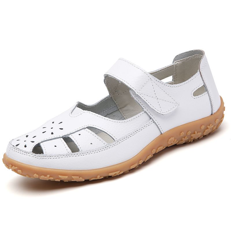 Women's Cut-out Flat Sandals, Solid Color Soft Sole Hook & Loop Walking Shoes, Casual Non Slip Closed Toe Shoes_voghion.com