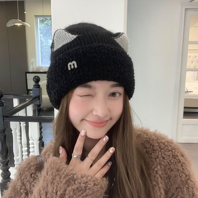 Autumn Winter For Women Sweet Cute M Cat Ear Plush Versatile Cold-Proof Pullover Outdoor Knitted Hat_voghion.com