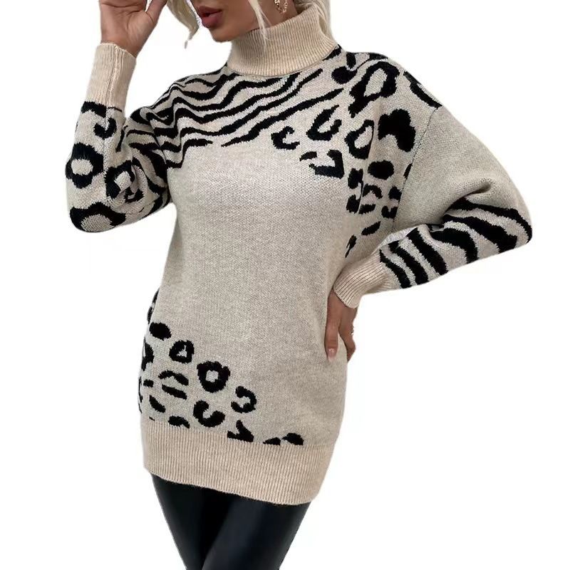 abito maglione maglione con stampa leopardata a collo alto da donna_voghion.com