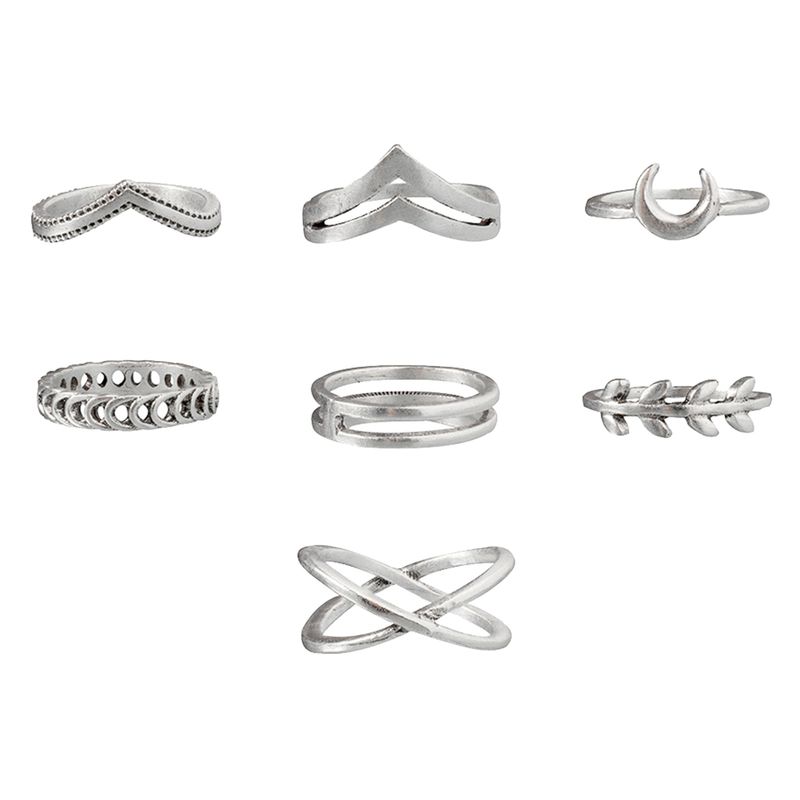 Qianbihe 7Pcs Compact Alloy Finger Rings Cross Moon Electroplate Leaf Shap Rings for Party_voghion.com