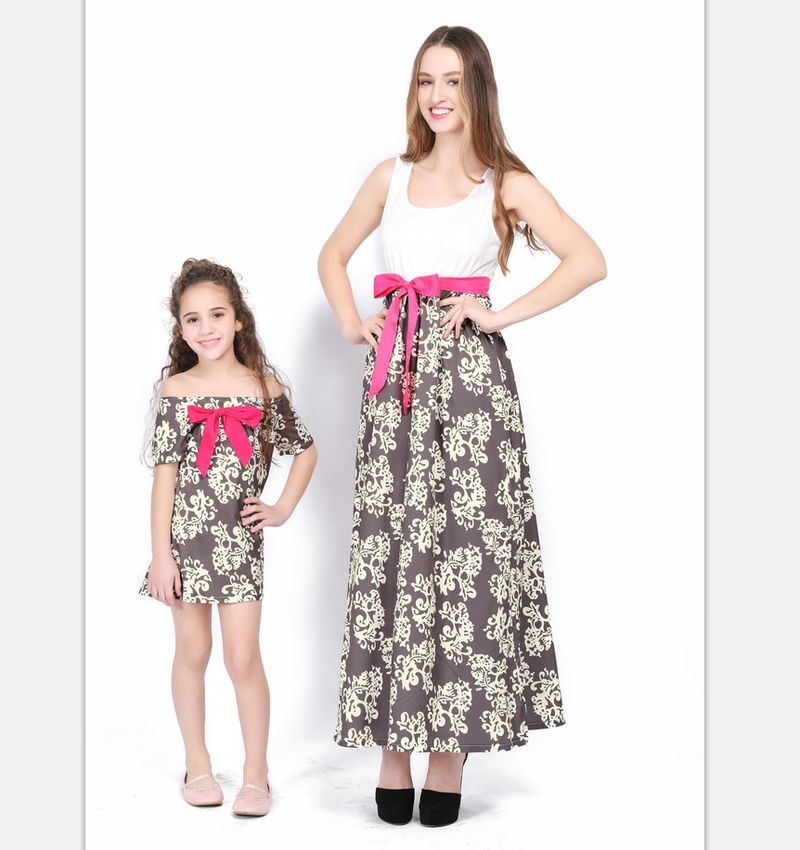 Mother & Kids Spring and summer popular foreign trade belt style printed sleeveless dress long dress parent-child outfit_voghion.com