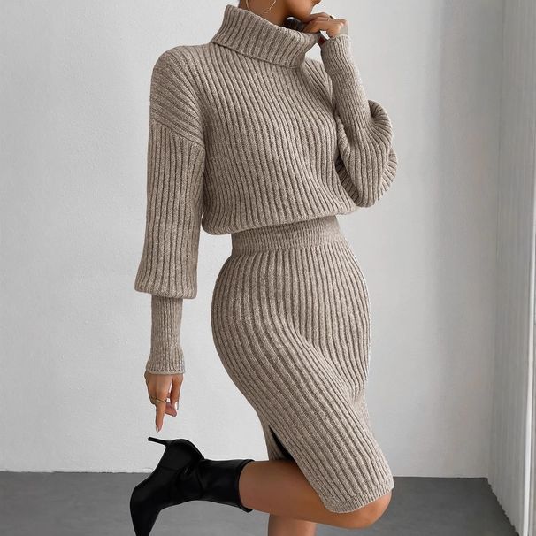 Women's Clothing Solid Color Half High Collar Short Top Slim Skirt Two Piece Suit_voghion.com