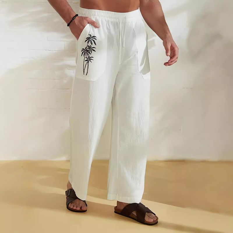 Herrenbekleidung Herren Neue bequeme lässige lockere Hose mit weitem Bein und Kokosnussbaum-Print Strandhose_voghion.com