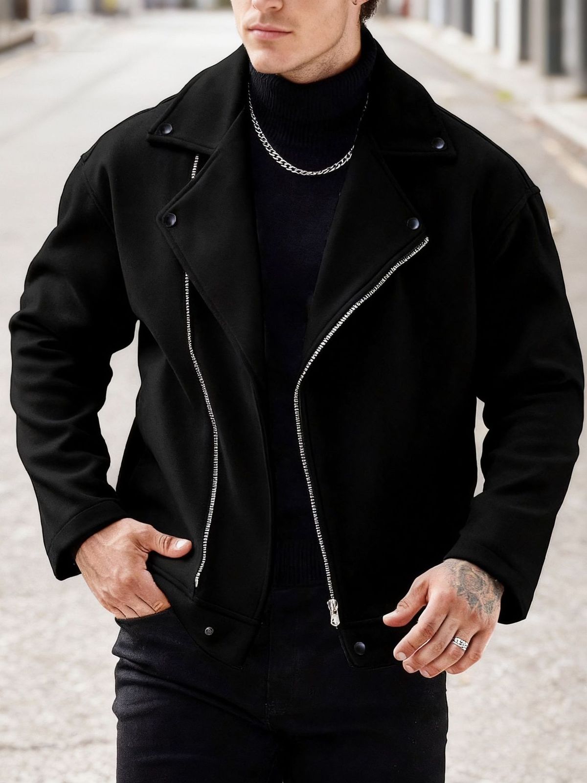 Men's Asymmetric Zip Wool Blend Jacket – Slim Fit Motorcycle-Inspired Coat_voghion.com