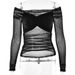 Top in rete con spalle scoperte, moda estiva 2025, da donna, nuova maglietta aderente trasparente e plissettata_voghion.com