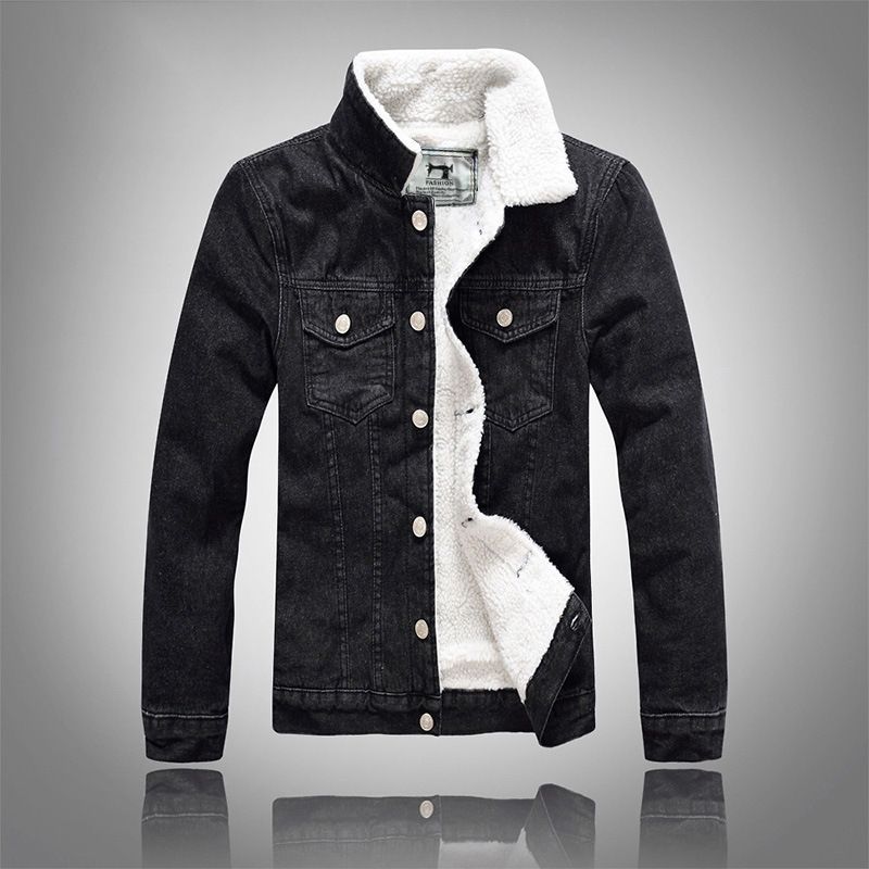 Herrenbekleidung Winter Große Jeansjacke Schwarze Schlanke, Verdickte Lammfleecejacke Plüschoberteil für Herren_voghion.com
