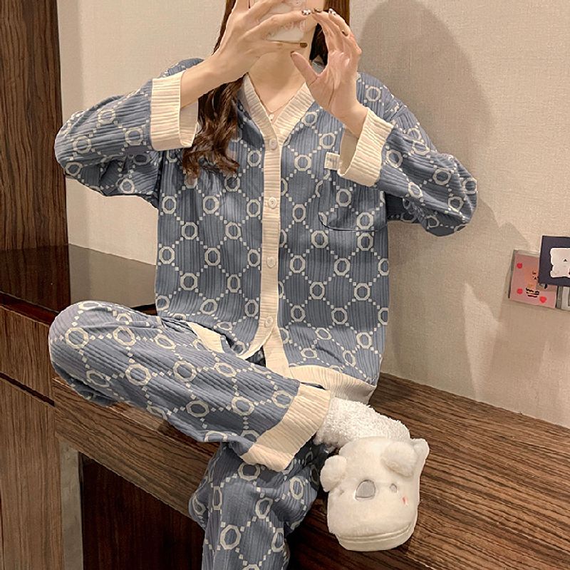 Women's Clothing Live broadcast of the hot spring pajamas women's long sleeved loose cardigan of sweet casual home clothes set _voghion.com