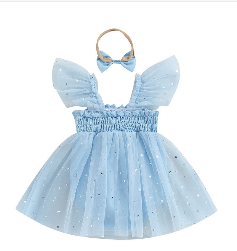 ​​Baby Girl's Glitter Mesh Princess Romper - Sleeveless Summer Onesie With Sparkle Details (Blue/Purple/Pink) - Newborn To 18 Months​​_voghion.com