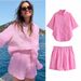 Damenbekleidung im neuen Stil, Hemdoberteil aus Leinenimitat mit Tasche + Shorts mit hoher Taille, zweiteiliges Set aus Leinenimitat, 8BS9828_voghion.com