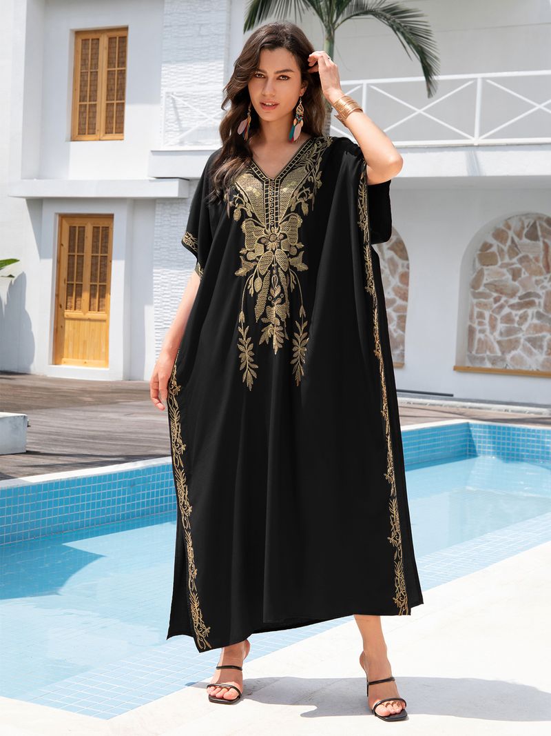 Women's Clothing Beach Cover Up Cotton Gold Embroidered Holiday Robe_voghion.com