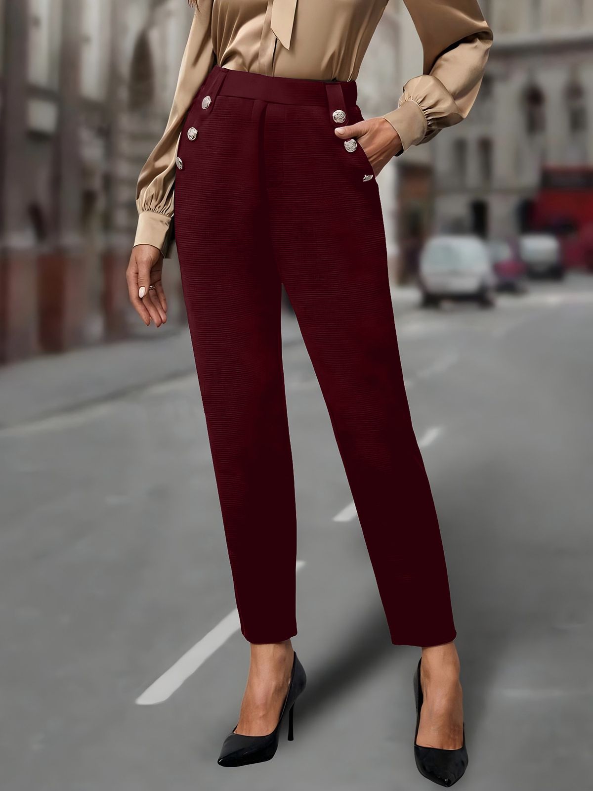 "Tailored Stretch Trousers With Button Accents – Slim-Fit Work Pants With Slant Pockets (Black/Navy/Khaki, S-XXL, Euro-US Office Chic)"_voghion.com