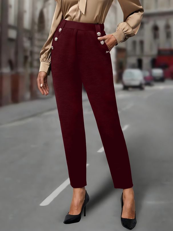 "Tailored Stretch Trousers With Button Accents – Slim-Fit Work Pants With Slant Pockets (Black/Navy/Khaki, S-XXL, Euro-US Office Chic)"_voghion.com