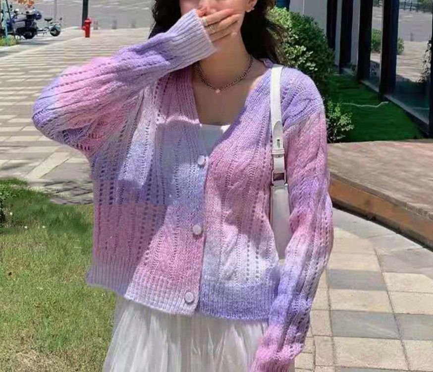 2024 new women's gradual tie dyed Fried Dough Twists hollow short cardigan sweater_voghion.com