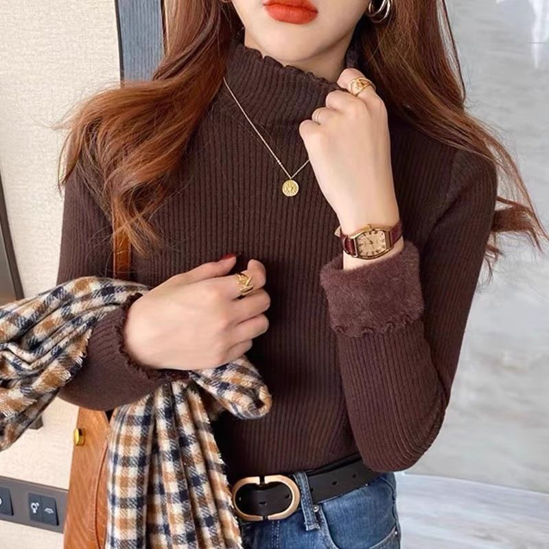 Halbhoher Ausschnitt mit integriertem Samtboden für Damenunterwäsche im Herbst und Winter, neuer, plüschiger und verdickter Pullover,_voghion.com