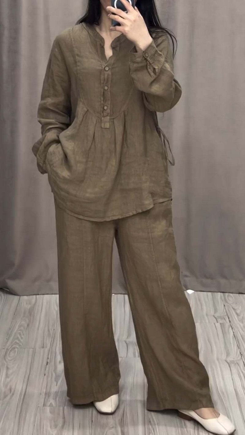 [Pamuklu Keten] Kadın Giyim Sonbahar Yeni Stil Moda Ve Rahat Pamuklu Ve Keten Uzun Kollu Yarı Açık Rahat Pileli Geniş Paça Pantolon Takım_voghion.com