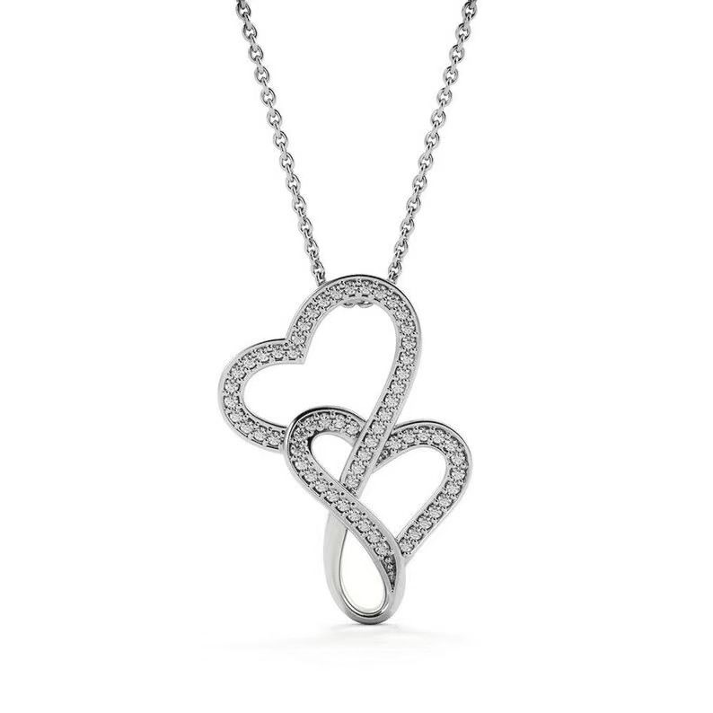 Collana da donna con ciondolo a doppio cuore in argento 925 con design traforato, dettagli in zirconia cubica, catena alla clavicola a strati alla moda_voghion.com