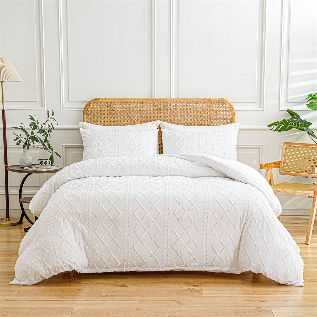 Set copripiumino con ricamo trapuntato Boho, set da letto in tre pezzi_voghion.com