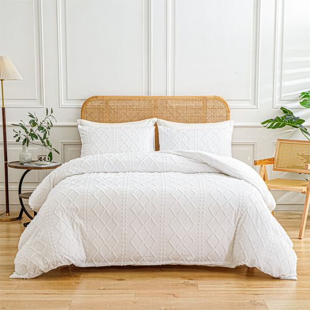Set copripiumino con ricamo trapuntato Boho, set da letto in tre pezzi_voghion.com