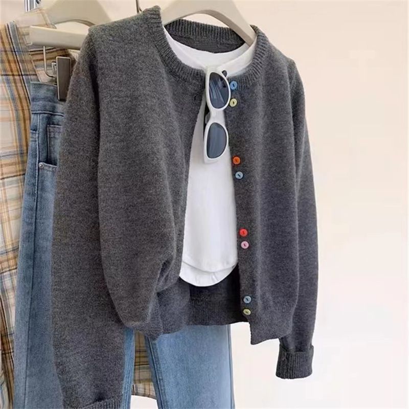 Soft Knit Cardigan Sweater For Women – Light Grey Oversized Coat With Colorful Buttons_voghion.com