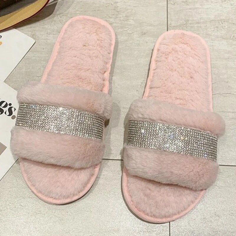 Winter Rhinestone Women Warm Fur Slippers Cozy Fluffy Furry Slides Crystal Flat Indoor Design Home Shoes Ladies 43_voghion.com