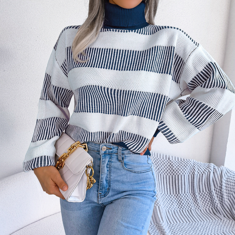 Vêtements pour femmes Tir réel automne et hiver style de rue rayé manches lanterne col roulé pull à fond station indépendante vêtements pour femmes_voghion.com
