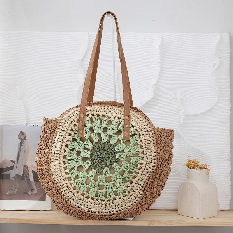 Sacs pour femmes Nouveau sac à bandoulière rond simple Sac tissé ethnique Sac de plage à la mode d'été Sac de vacances pour femmes Sac en paille_voghion.com