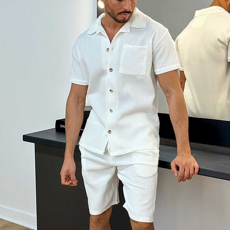 Ropa de hombre Casual cómoda camisa de solapa con botones pantalones cortos de manga corta traje de talla grande_voghion.com