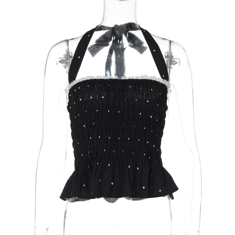 Blusa feminina de bolinhas, nova moda verão 2025, com babados e renda, estilo halter e gravata_voghion.com